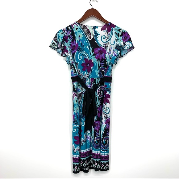 Rare Vintage Y2K Blue & Purple Paisley Floral V-Neck Dress Metal Jewel Waist - Picture 7 of 13